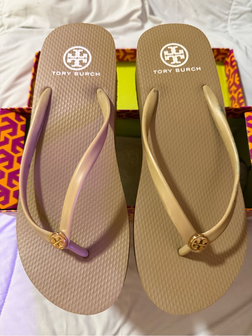 Tory Burch Taupe Logo Flip-Flop Sandals